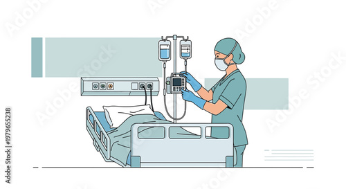 Nurse Adjusts Medical Equipment Beside Patient Bed in Hospital Room