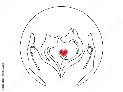  Continuous one line drawing of cat and dog together. Minimalist pet illustration with outline art style. Perfect for veterinary clinic logo, animal care design, or modern pet hospital branding