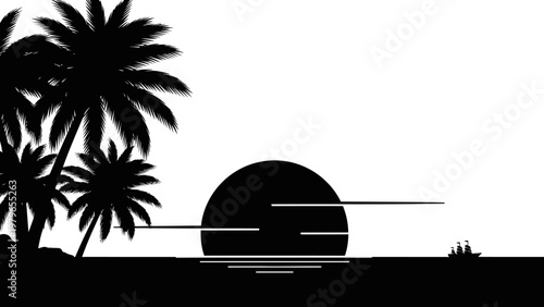 Silhouette Palm Trees Sunset Ocean Horizon with Boat