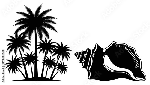 Tropical Island Paradise: Palm Trees Silhouette and Seashell on White Background