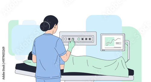 Nurse Adjusts Medical Equipment for Patient on Operating Table, Healthcare Concept