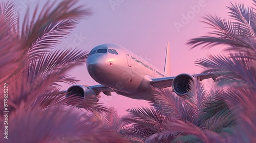 Airplane flying through abstract foliage with a sunset background in pink hues.