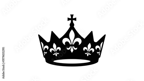 Black Royal Crown Icon with Fleur-de-lis and Cross, Symbol of Royalty and Power