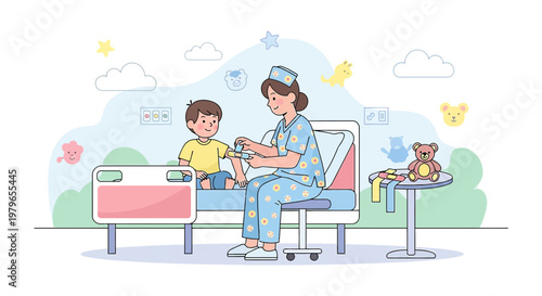 Nurse Administering Injection to Child Patient in Pediatric Hospital Room
