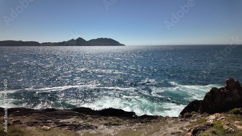 View of the Cies Islands, Atlantic Ocean, Galicia, Spain, beautiful seascape on a bright sunny day