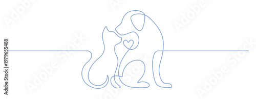 Continuous one line drawing of cat and dog together. Minimalist pet illustration with cute puppy and kitten in simple outline style. Veterinary clinic logo concept