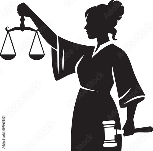 A striking silhouette depicts lady justice holding scales and a gavel symbolizing fairness and legal judgment