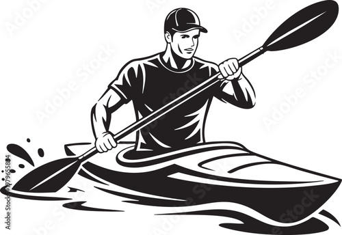 A black and white illustration depicts a male kayaker paddling through water focused and determined high quality