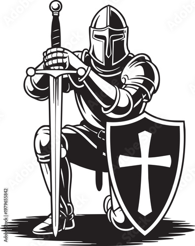 A black and white illustration depicts a kneeling knight holding a sword and shield ready for battle