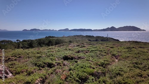 View of the Cies Islands, Atlantic Ocean, Galicia, Spain, beautiful seascape on a bright sunny day
