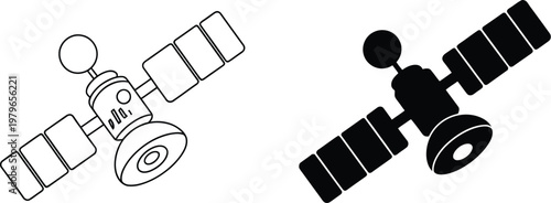 Satellite icon minimal line drawing beside solid silhouette vector illustration clean modern aerospace communication design