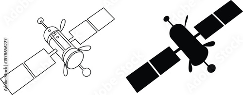 Satellite icon detailed line art and bold black silhouette vector illustration modern space communication technology symbol
