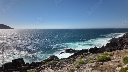 View of the Cies Islands, Atlantic Ocean, Galicia, Spain, beautiful seascape on a bright sunny day