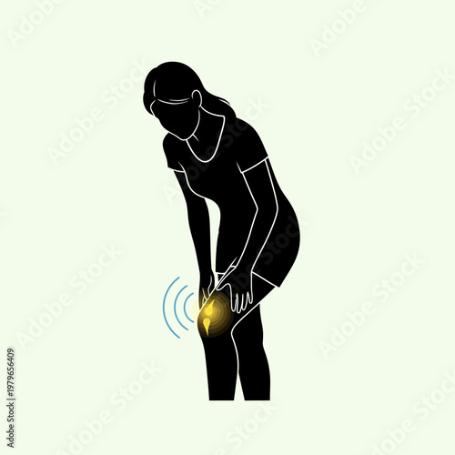 Woman with knee pain, holding her leg, showing discomfort and inflammation