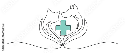 Continuous one line drawing of cat and dog together. Minimalist veterinary clinic logo with cute pets. Simple outline design for animal hospital or vet care banner. Doodle Vector illustration