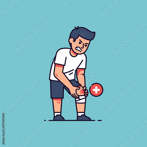 Young man with knee pain, bandaged leg, medical cross icon, injury, healthcare concept