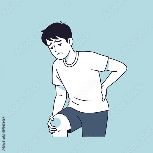 Young man with knee pain, holding his leg in discomfort, blue background
