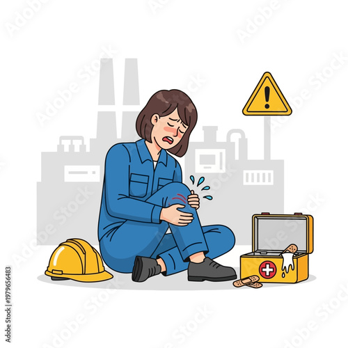 Female worker injured knee at factory, first aid kit, safety warning sign