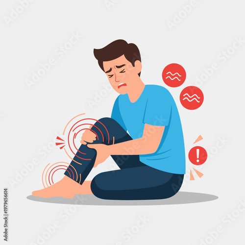 Man suffering from knee pain, joint inflammation, and discomfort, medical illustration