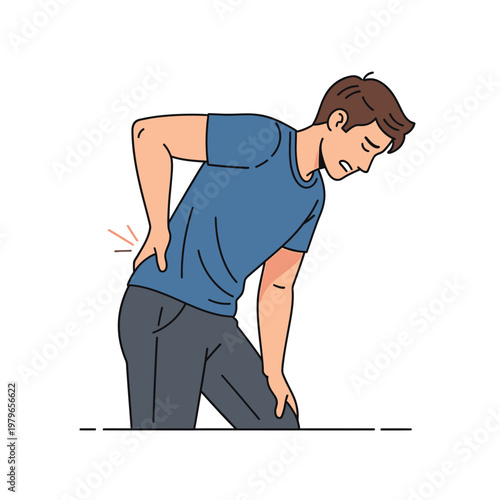 Man suffering from lower back pain, holding his aching back, discomfort and injury concept