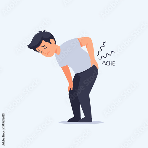 Man with back pain, suffering from ache, holding his lower back, illustration