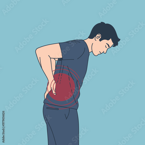 Man with back pain, holding his lower back, red circle indicating pain
