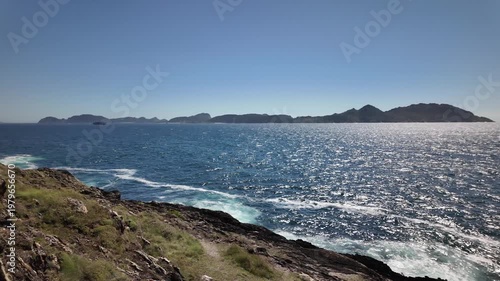 View of the Cies Islands, Atlantic Ocean, Galicia, Spain, beautiful seascape on a bright sunny day
