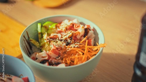 A woman's hands carefully arrange a bowl of steaming rice and colorful vegetables on a kitchen table, showcasing a healthy food option in a cozy home setting, promoting nutritious eating habits