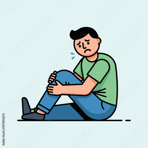 Man with Knee Pain Sitting on Floor, Holding Injured Leg, Feeling Discomfort
