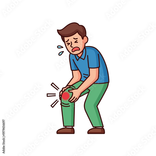 Man with knee pain, holding his leg in agony, medical illustration