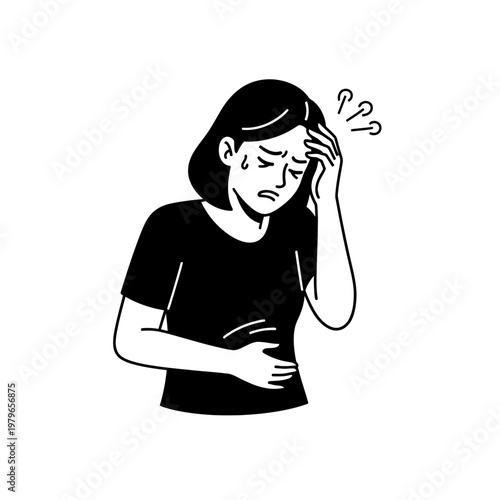 Woman holding head and stomach, feeling sick, headache, nausea, pain, unwell, distress
