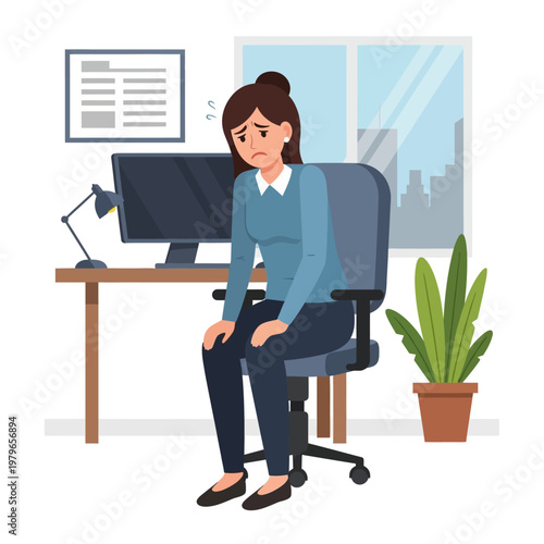 Tired woman sitting at office desk, feeling exhausted and stressed, burnout concept
