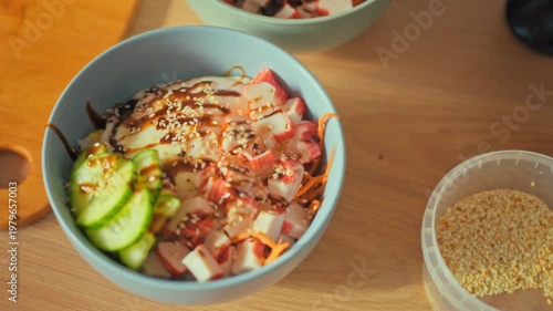 A vibrant plate showcases a cooked dish of fluffy rice topped with crisp vegetables, all drizzled in a rich, aromatic sauce, the presentation emphasizes fresh, wholesome nutrition and culinary skill