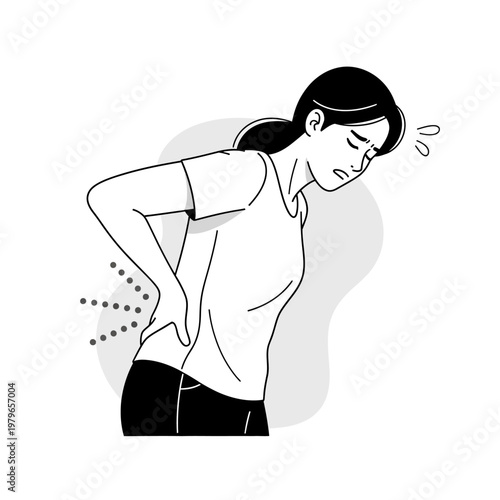 Woman suffering from lower back pain, holding her aching spine, feeling discomfort and stress.