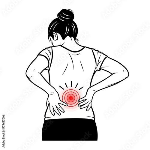 Woman suffering from lower back pain, holding her aching back with red radiating pain symbol