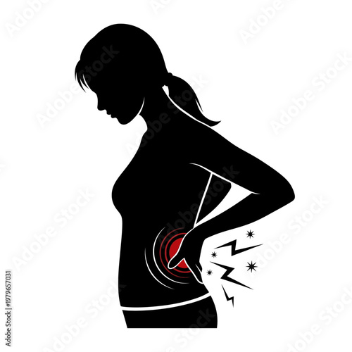 Woman suffering from lower back pain, silhouette with red pain zone and radiating lines