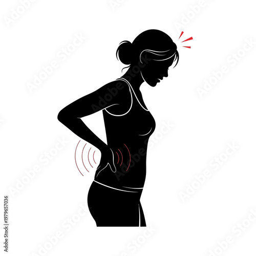 Woman suffering from lower back pain, silhouette with red pain indicators