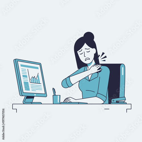 Woman suffering from shoulder pain while working at office desk with computer
