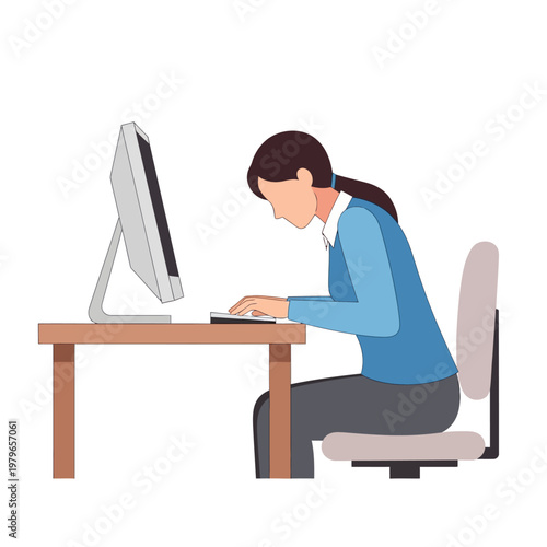 Woman typing on computer with poor posture, hunching over desk