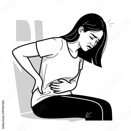 Woman suffering from stomach pain and backache while sitting, feeling unwell