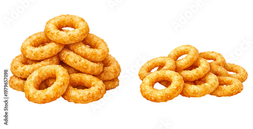 A watercolor collection of crispy onion rings featuring golden fried snack food illustrated in a detailed hand-painted style.