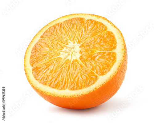 Foto Fresh orange half cut isolated on white.