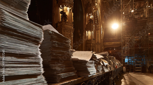 backstage. A table in the wings of a stage, stacked with bound scripts under dramatic lighting. event programs, museum guides, designed for cultural heritage projects and event programs.
