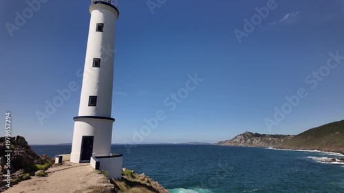 View of the Lighthouse in Cape Home, Pontevedra, Atlantic Ocean, Galicia, Spain, beautiful seascape on a bright sunny day