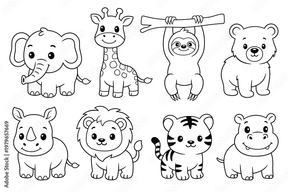 Fototapeta premium Kids coloring page with cute animals doodles set