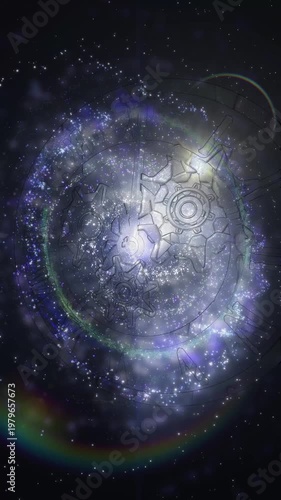 A surreal cosmic clock with rotating gears floats within a glowing galaxy, symbolizing the infinite flow of time, universal motion, and the connection between mechanics and the cosmos.
