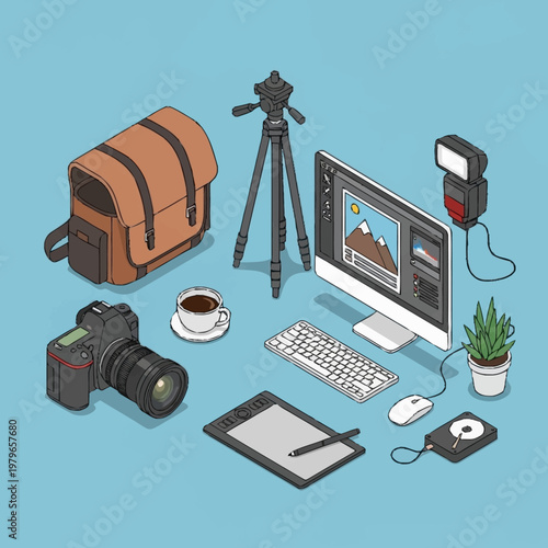 A collection of photography and office equipment.