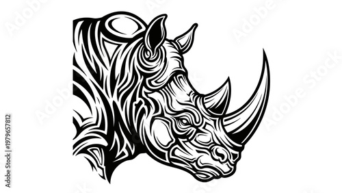 Tribal Rhino Head Tattoo Design, Black and White Stylized Rhinoceros Illustration