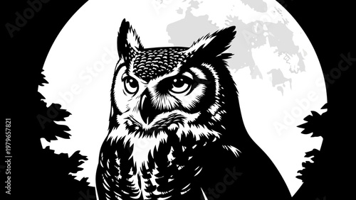 Great Horned Owl Silhouette Against Full Moon, Night Wildlife, Nocturnal Bird
