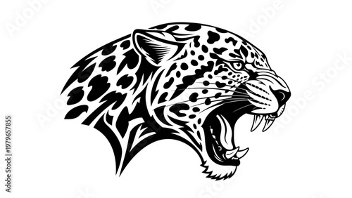 Fierce Jaguar Head Roaring, Black and White Tribal Tattoo Style
